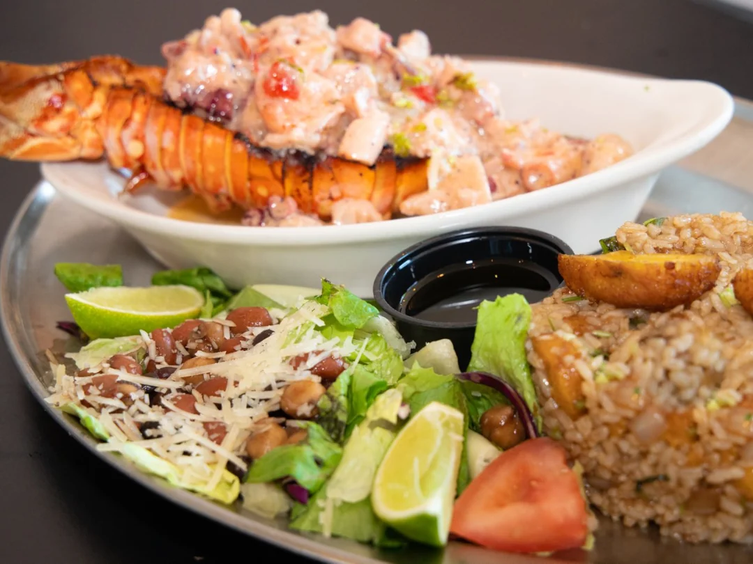 Stuffed Lobster tail with side salad and fried rice from La Parilla Restaurant