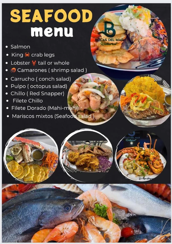 The seafood menu from Bocas Del Mar featuring salmon, king crab legs, lobster, octopus, red snapper, and other options.