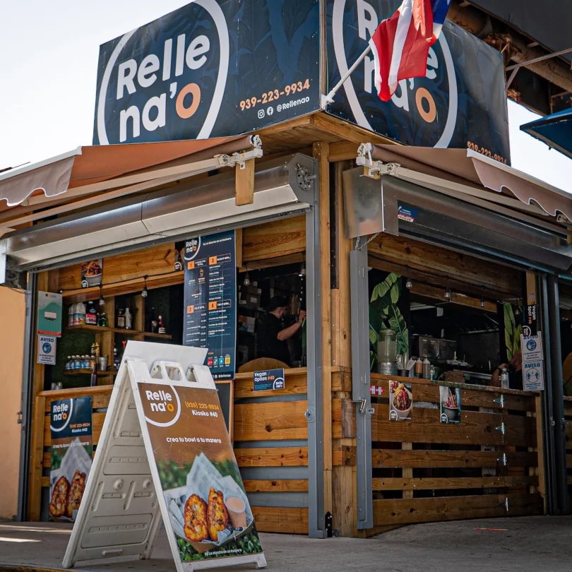 The front of kiosk #40 Rellena'o, offering traditional puerto rican food in convenient to go containers.