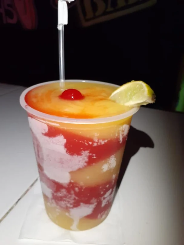 An orange and red swirled blended drink from Bikini Bar.