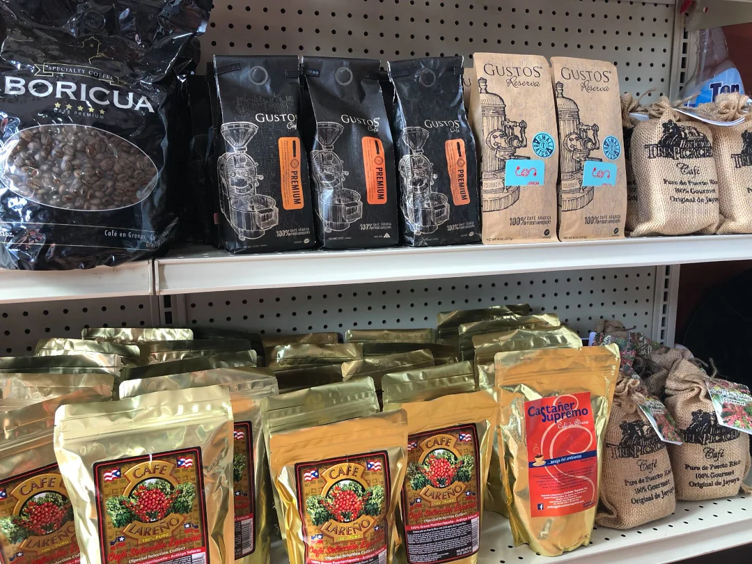 Many types of Puerto Rican grown coffee available for sale at Emilee's Souvenirs.