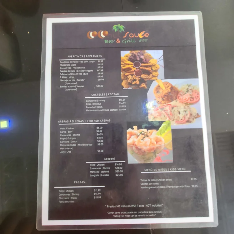 A picture of page one of the menu at Coconut Sauce Bar and Grill.