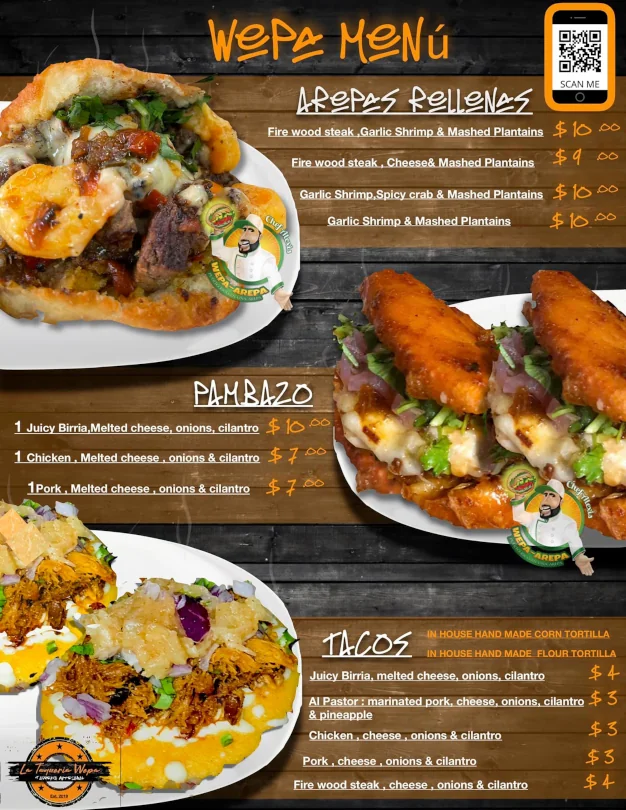 A menu page from Wepa-Arepa listing options for Arepas, tacos, and pambazo.