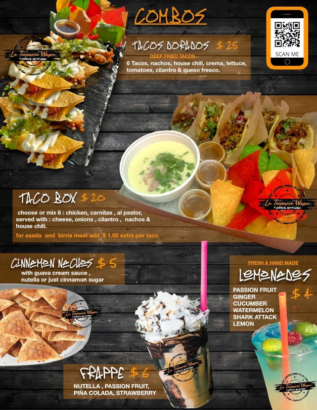 A menu page from Wepa-Arepa listing options for Combos, desserts, frappe, and Lemonade.